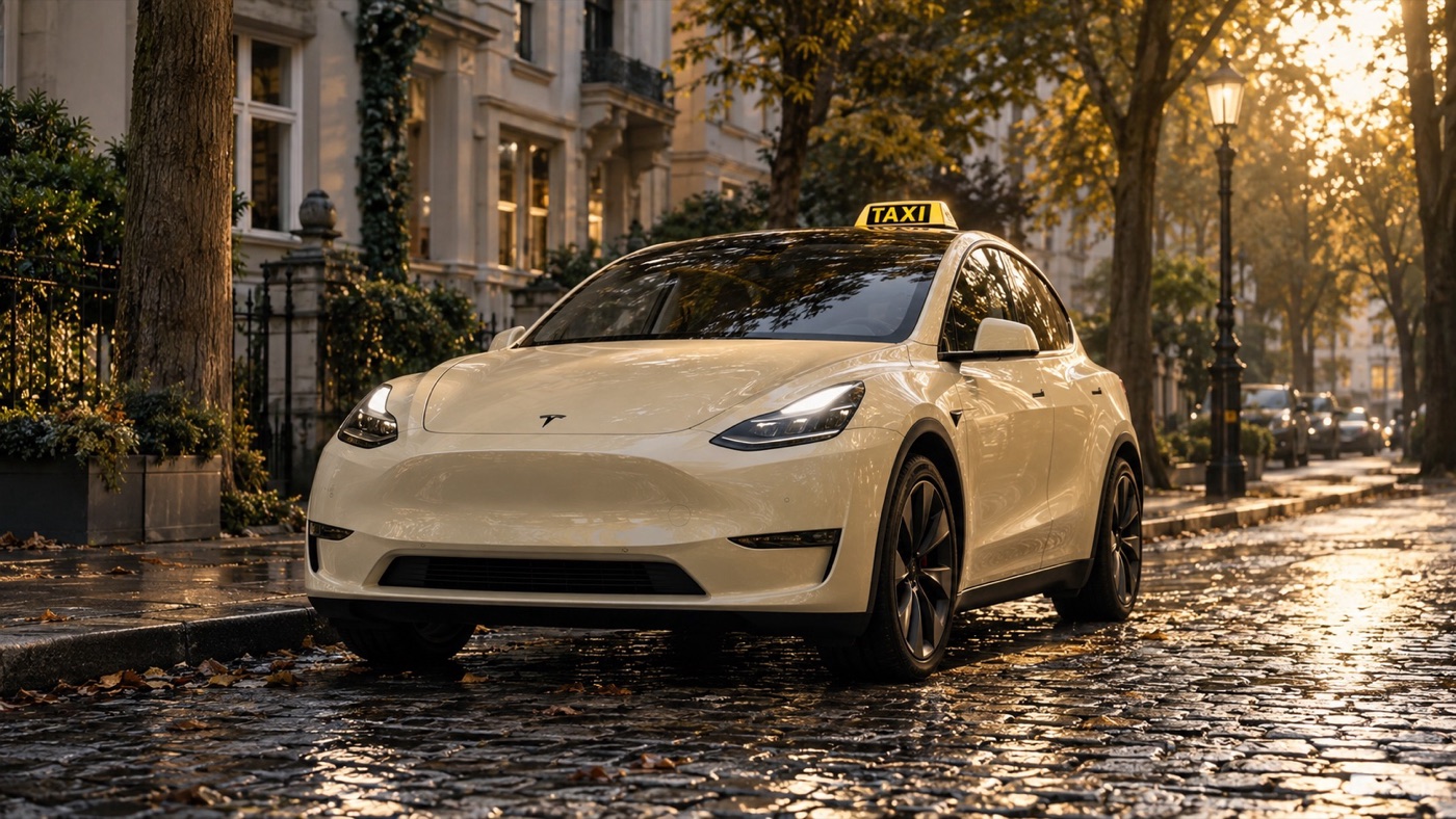 Symbolbild eines beigefarbenen Tesla-Taxis auf einer Berliner Straße